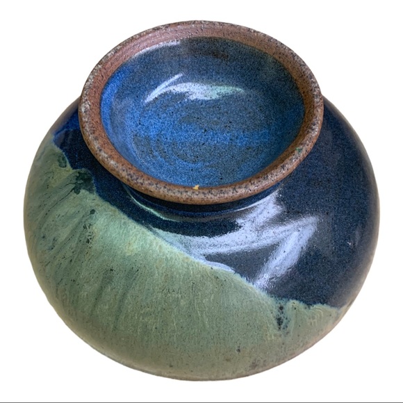 Artisan Hand-thrown Heavy Pedestal Pottery Bowl Drip Multicoloured Dish - Picture 4 of 7